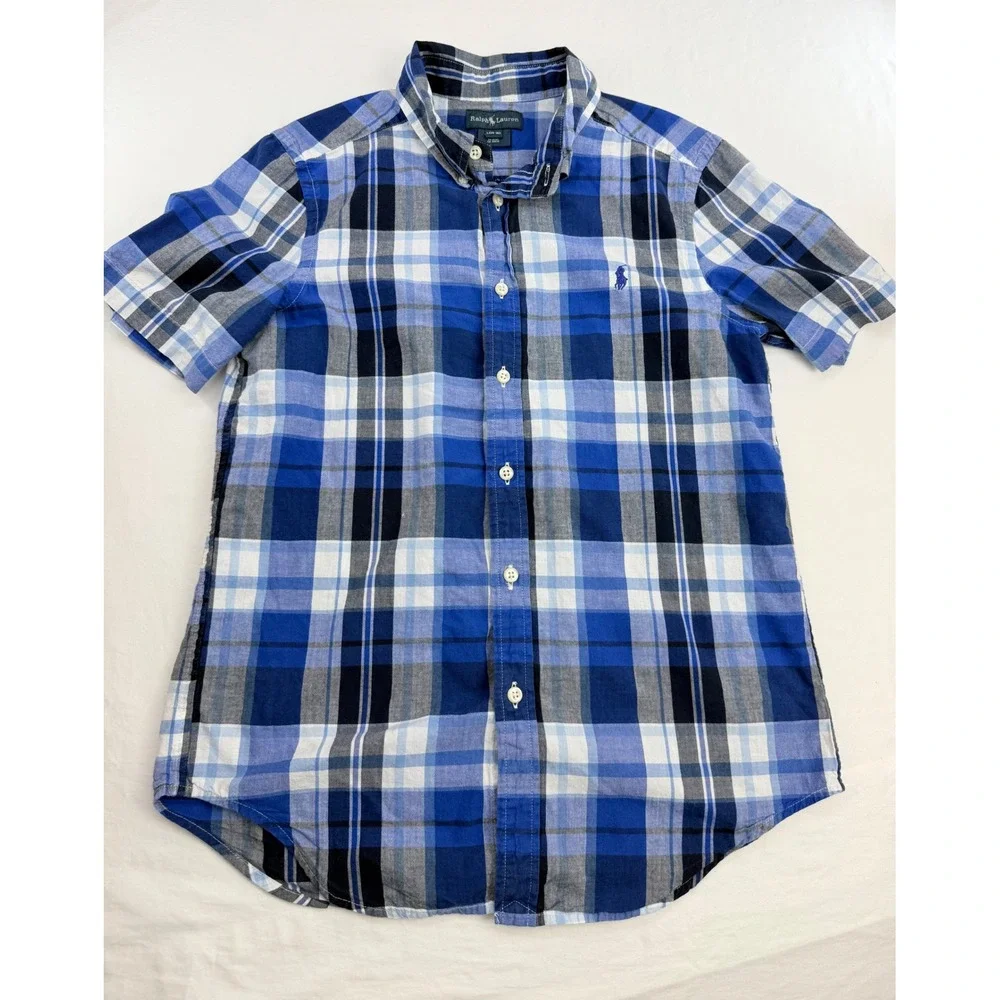 Ralph Lauren Boys Blue White Plaid Short Sleeve Button Down Shirt Size L 14-16